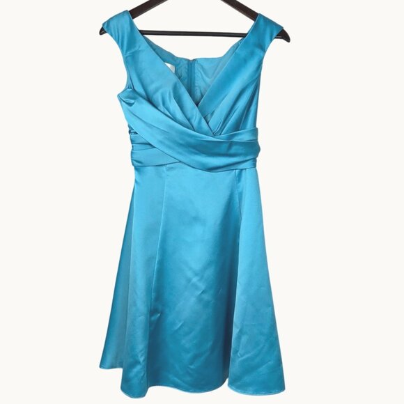David's Bridal 83168 Short Satin Off-the-Shoulder A-Line Teal Blue Dress Size 2 - Picture 2 of 7